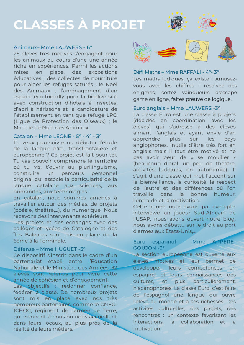 Page 1 d'un document détaillant les classes à projet