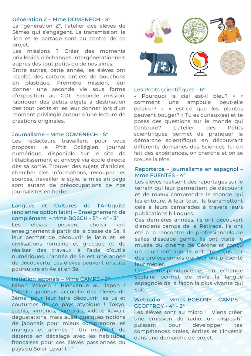 Page 2 d'un document détaillant les classes à projet